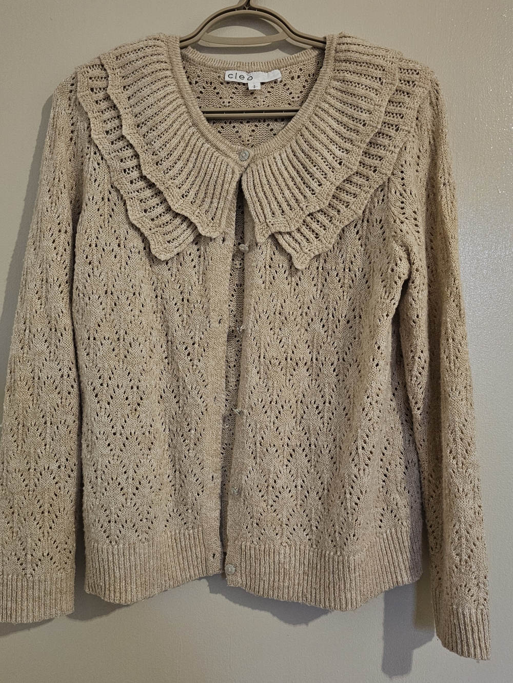 Cleo Beige Openwork Knit Cardigan with Ruffled Collar